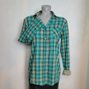 Plaid Button-Up Shirt in Blue and Green